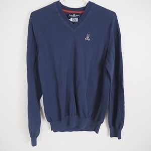 Psycho Bunny Men's V Neck Sweater Size Medium Navy Cotton Prep Pullover *FLAW